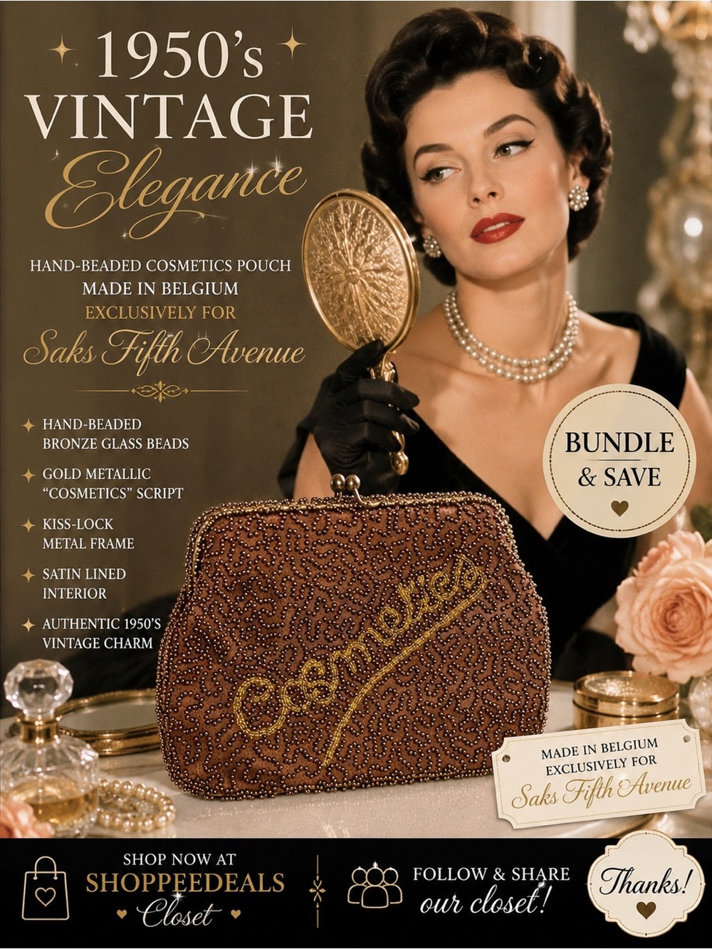 Vintage Saks Fifth Avenue Hand-Beaded Cosmetics Pouch – Made in Belgium – 1950s